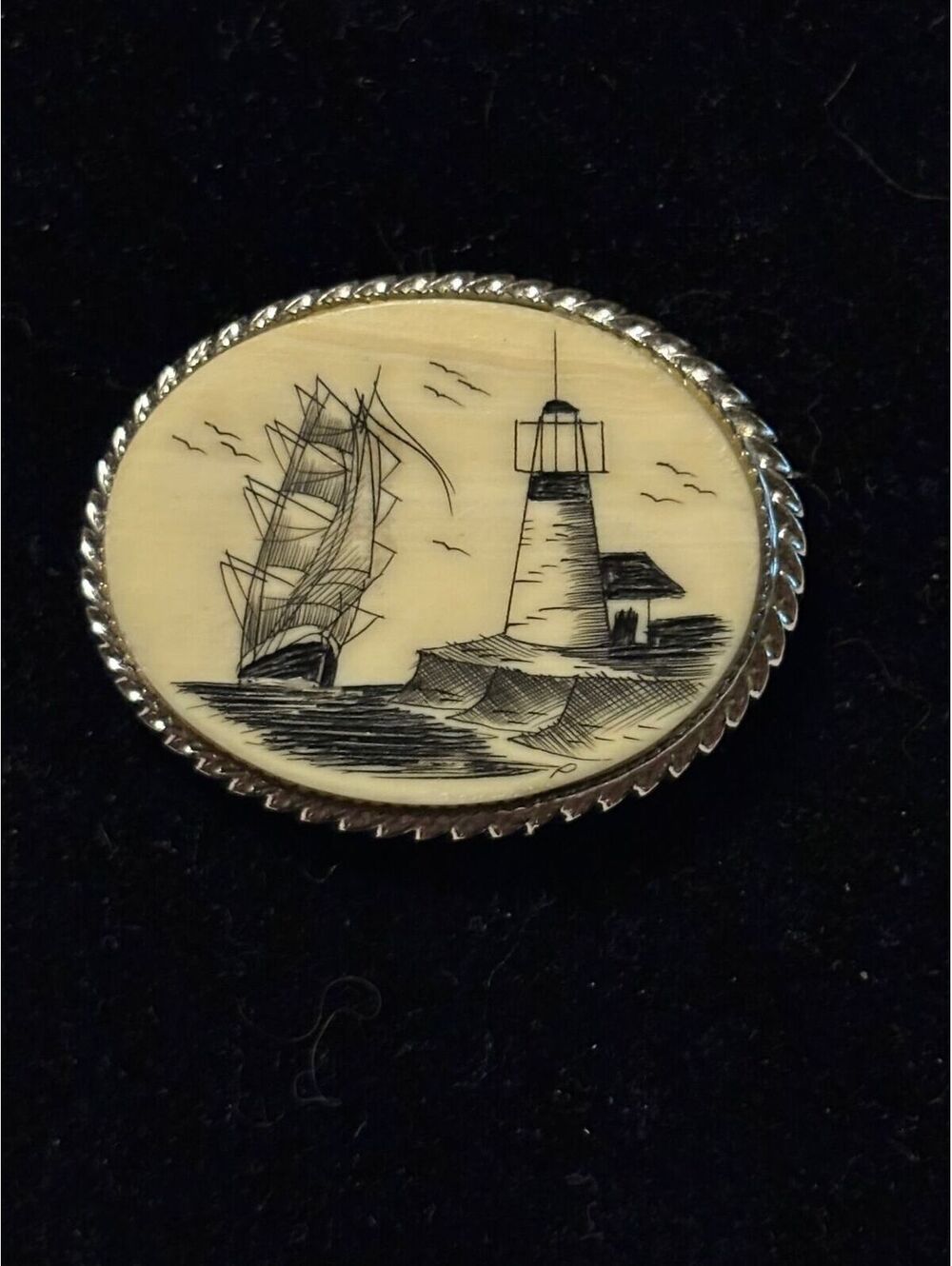 Sterling Scrimshaw Tall Ship and Lighthouse Brooch